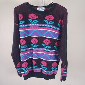 Distinctive Sportswear Vintage Neon Roses Retro Jacquard‎ Acrylic 80s Sweater